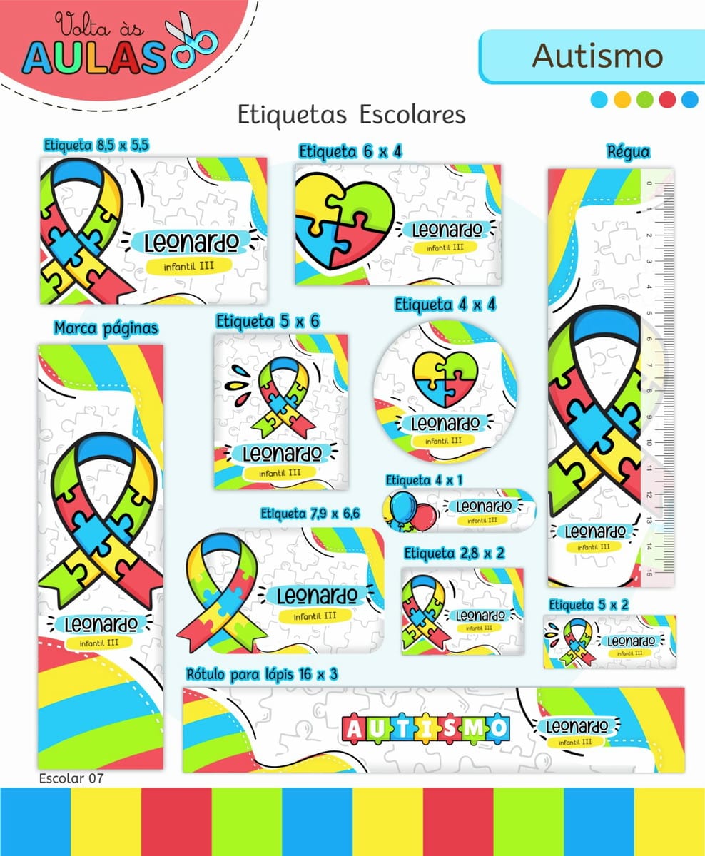 Kit Escolar Autismo Digital com Artes para Imprimir 3 Conjunto de etiquetas escolares coloridas com temas de quebra-cabeça e fitas.