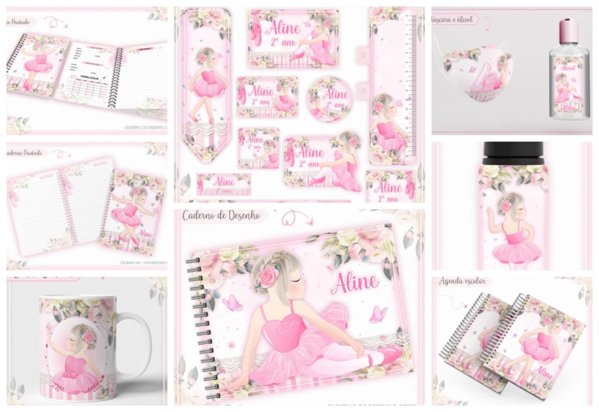 Kit Escolar Digital Bailarina Completo para Personalizar 1 Kit Escolar Digital Bailarina Completo para Personalizar