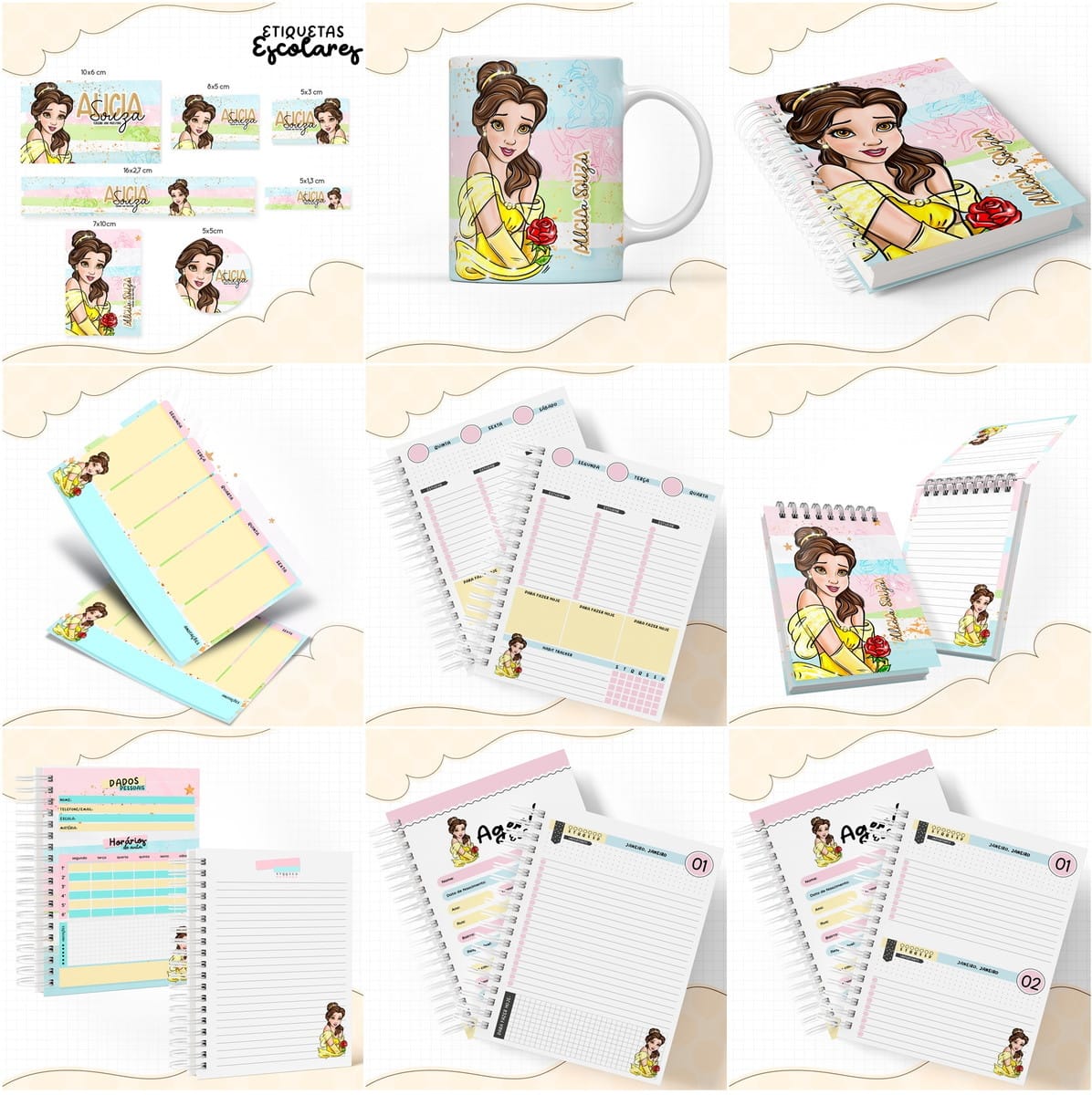 Kit escolar digital Bela e a Fera com nome personalizável 1 Kit escolar digital Bela e a Fera com nome personalizável