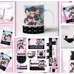 Arte digital de personagens animados em cadernos, caneca, máscara e garrafa d'água.