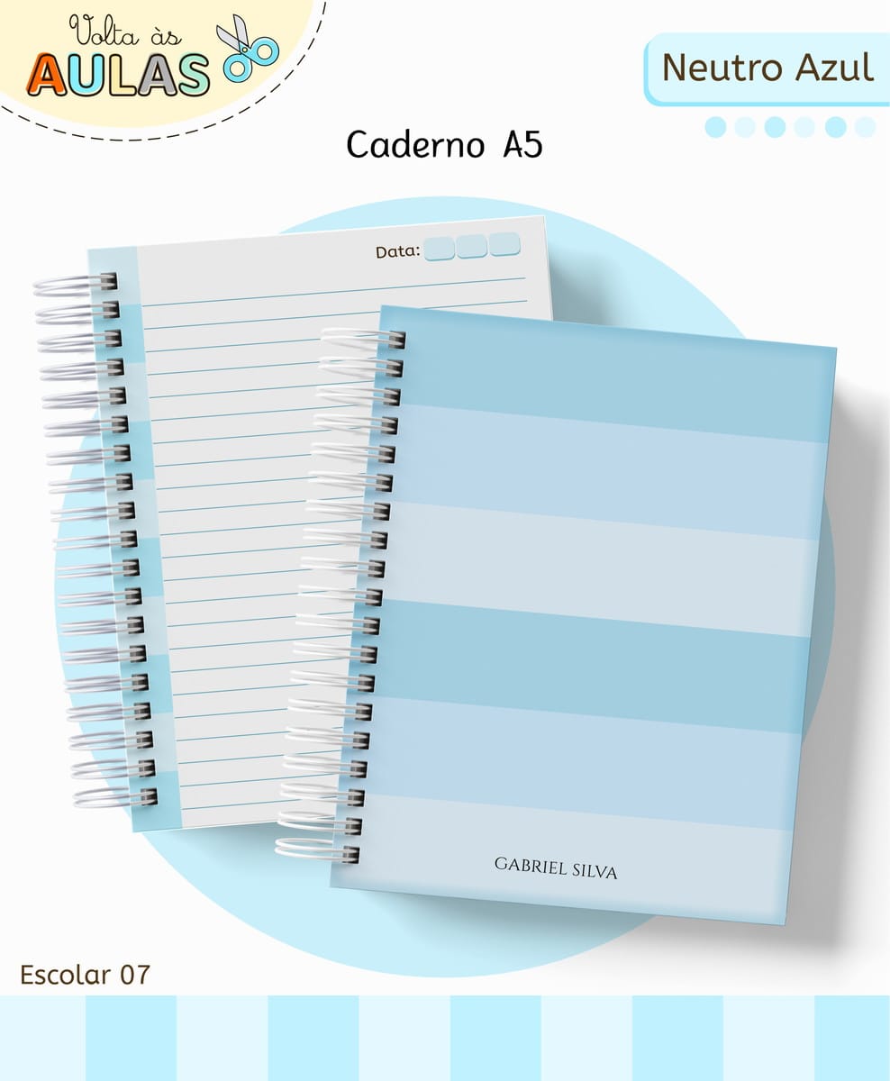 Kit Escolar Digital Azul para Personalizar Papelaria 2 Caderno A5 com espiral e capa listrada em tons de azul.