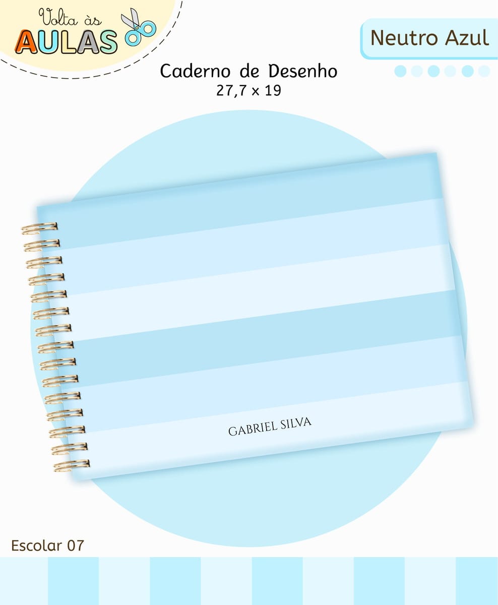 Kit Escolar Digital Azul para Personalizar Papelaria 3 Caderno de desenho com capa azul e branca listrada e espiral dourado.