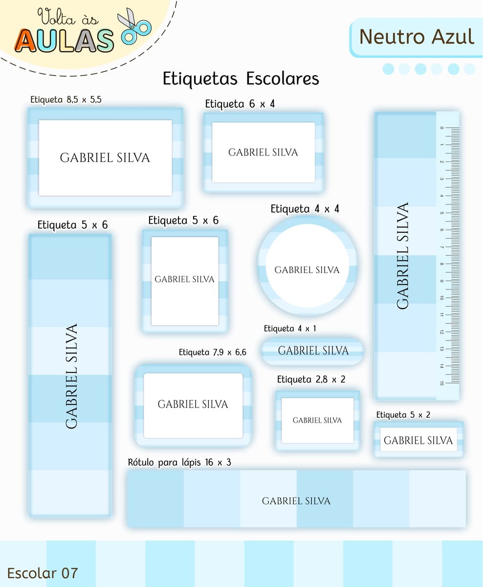 Kit Escolar Digital Azul para Personalizar Papelaria 4 Folha com diversos modelos de etiquetas escolares em tons de azul e branco