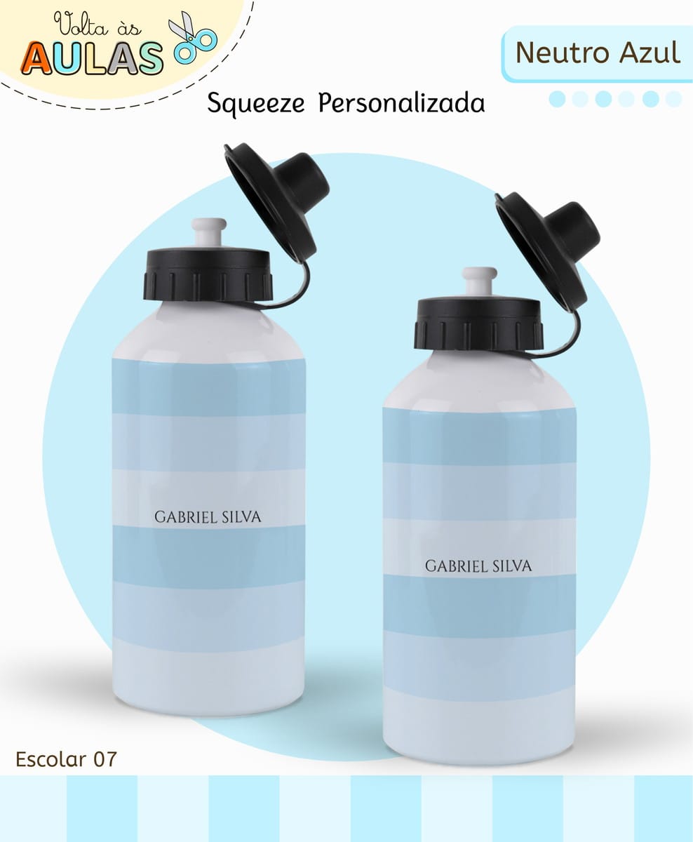 Kit Escolar Digital Azul para Personalizar Papelaria 5 Duas garrafas squeezer brancas com listras azuis e tampa preta aberta em fundo azul