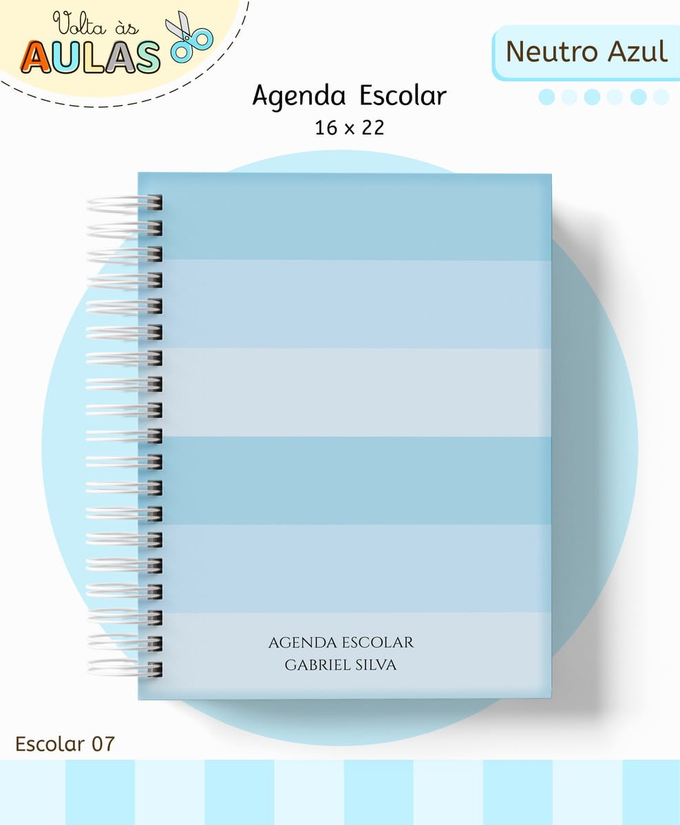 Kit Escolar Digital Azul para Personalizar Papelaria 1 Capa de agenda escolar com listras em tons de azul e espiral branca.