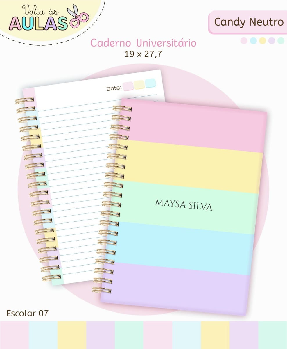 Kit Escolar Digital Candy Pastel para Papelaria 2 Dois cadernos universitários espiralados com capas em tons pastéis e folhas pautadas.