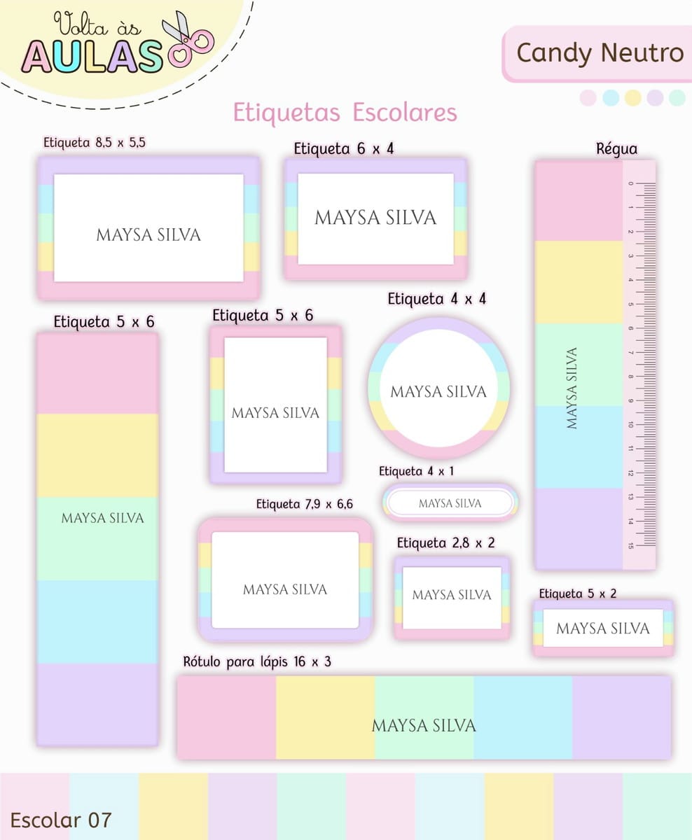 Kit Escolar Digital Candy Pastel para Papelaria 3 Folha com diversos modelos de etiquetas escolares coloridas em tons pastéis.