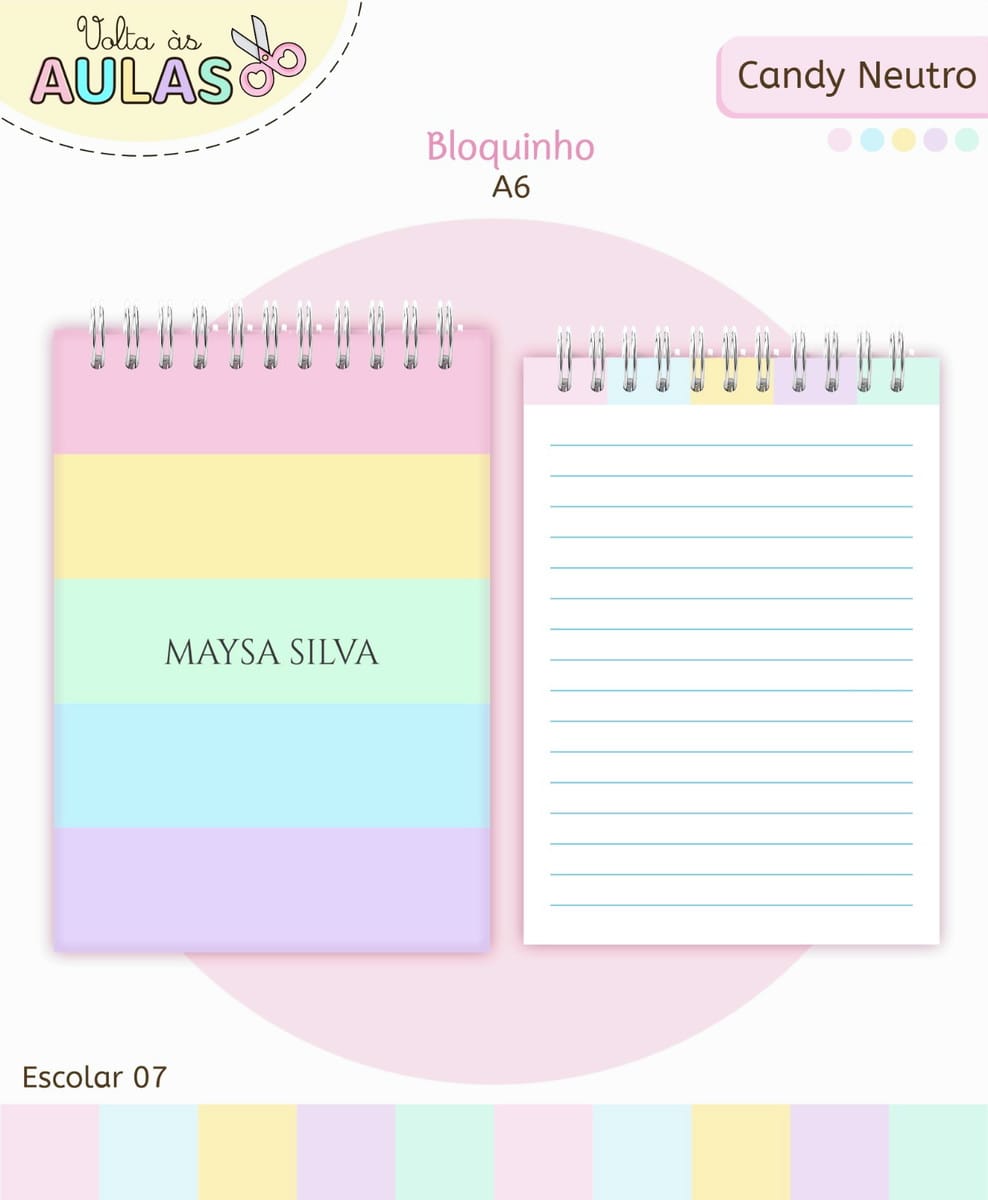 Kit Escolar Digital Candy Pastel para Papelaria 4 Dois bloquinhos de anotação com capas coloridas e folhas pautadas em espiral.