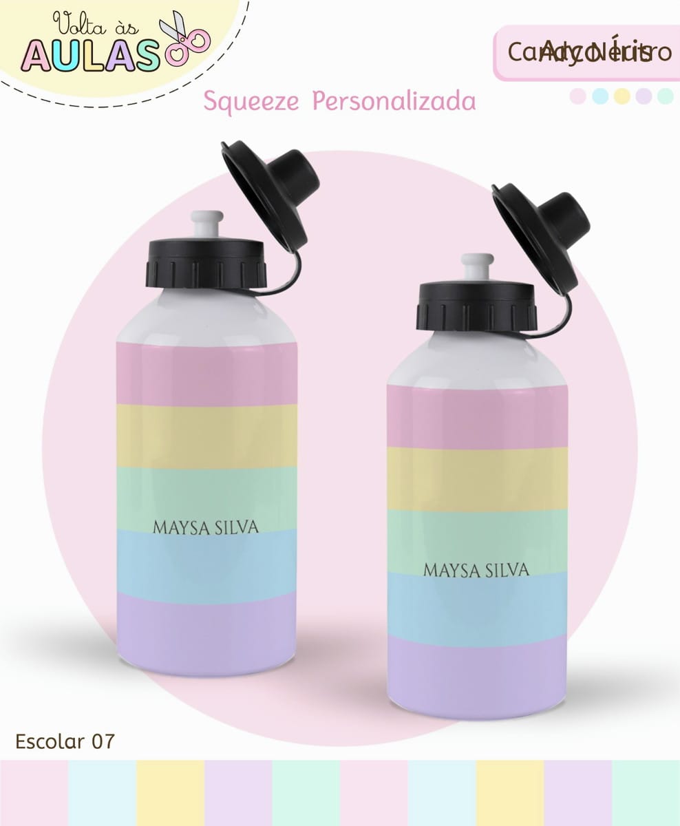 Kit Escolar Digital Candy Pastel para Papelaria 5 Duas garrafas squeezes brancas com listras coloridas e tampa preta aberta em fundo rosa.