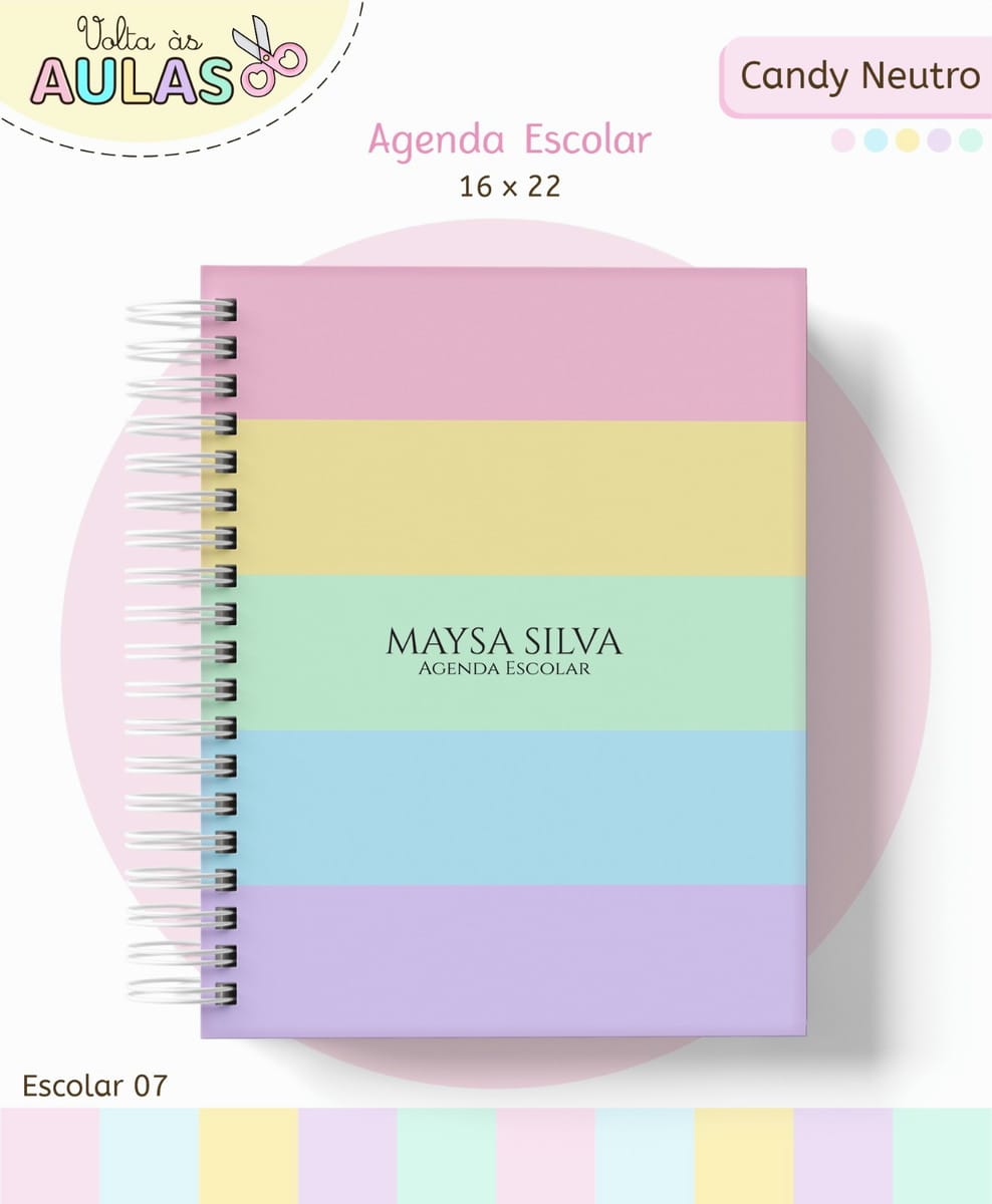 Kit Escolar Digital Candy Pastel para Papelaria 1 Agenda escolar com capa listrada em tons pastéis e espiral branco.