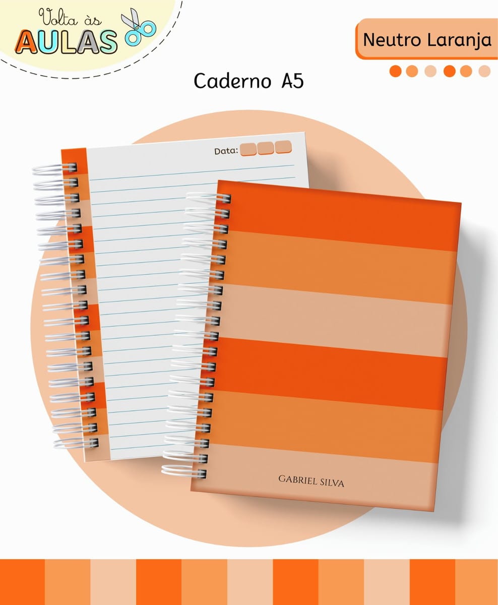 Kit Escolar Digital Laranja com 14 Artes para Papelaria 2 Dois cadernos de espiral com capas em tons alaranjados dispostos sobre fundo circular.