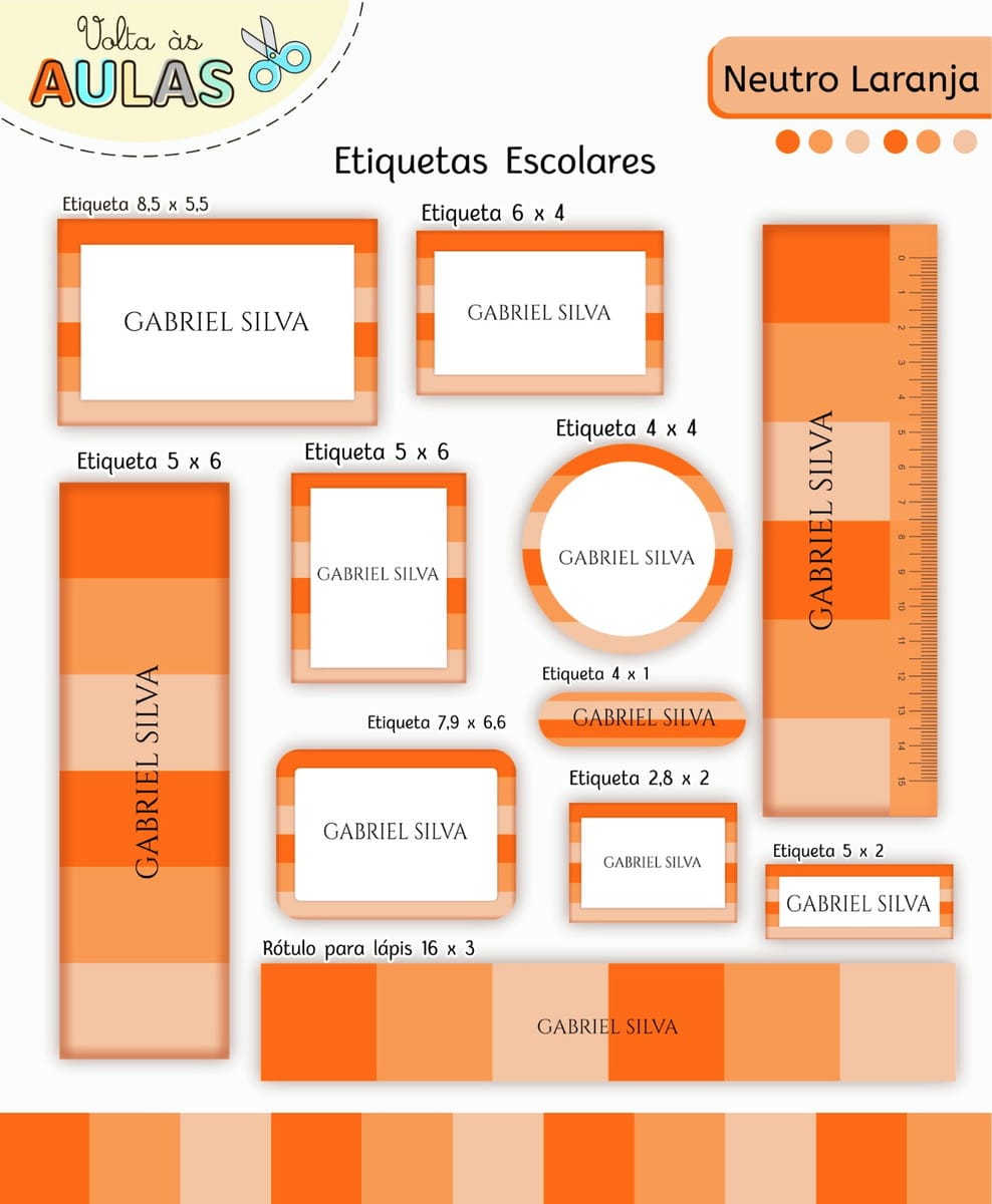 Kit Escolar Digital Laranja com 14 Artes para Papelaria 3 Coleção de etiquetas escolares personalizadas com tons alaranjados e nome impresso em cada uma.