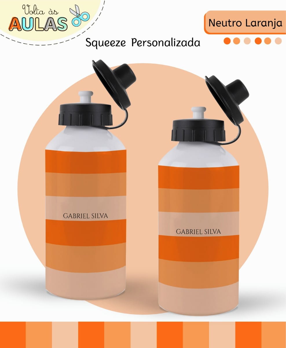 Kit Escolar Digital Laranja com 14 Artes para Papelaria 4 Duas garrafas de água personalizadas com listras horizontais em tons de laranja suave.