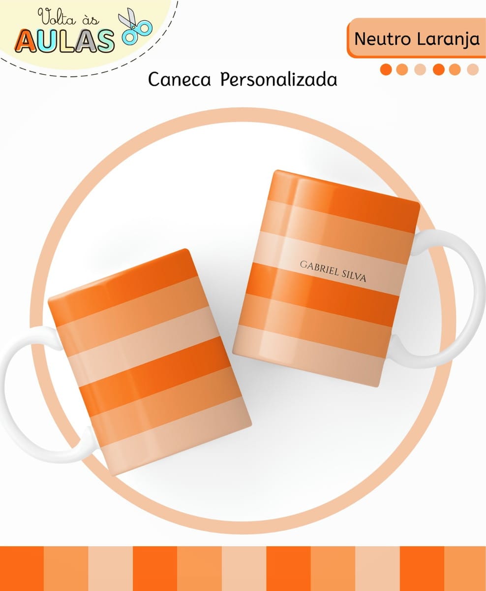 Kit Escolar Digital Laranja com 14 Artes para Papelaria 5 Duas canecas de cerâmica brancas com listras horizontais em tons de laranja.