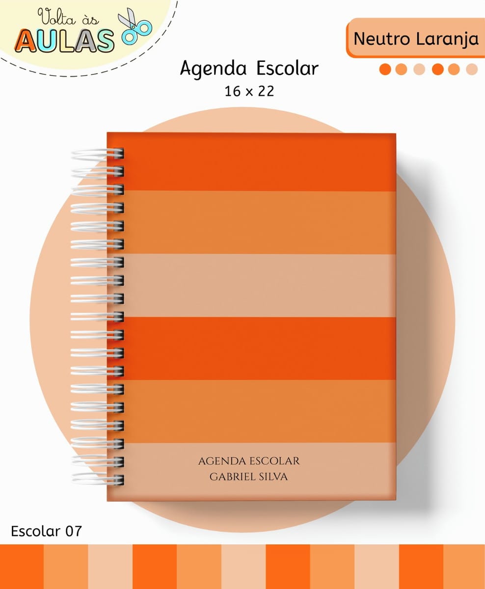 Kit Escolar Digital Laranja com 14 Artes para Papelaria 1 Agenda escolar com capa de listras horizontais em tons de laranja e branco.