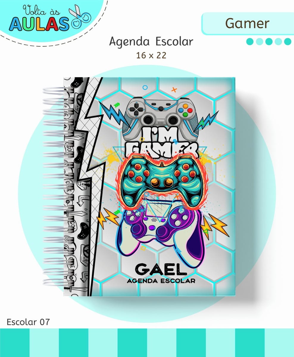 Kit Escolar Gamer para Sublimação e Scrapbooking 2 Agenda escolar com tema de video games e controles de videogame coloridos.