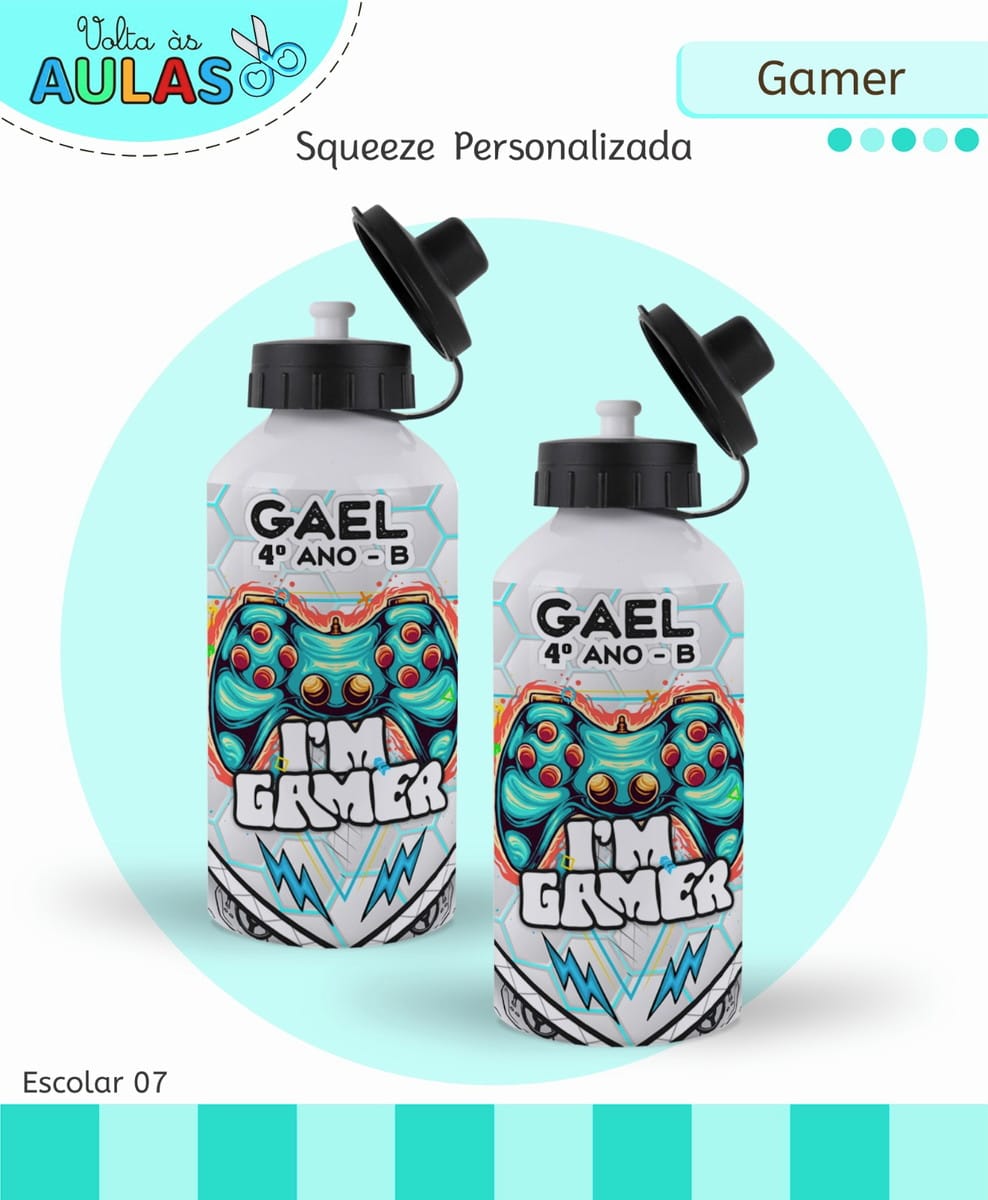 Kit Escolar Gamer para Sublimação e Scrapbooking 4 Duas garrafas de metal brancas personalizadas com estampa de controle de videogame.
