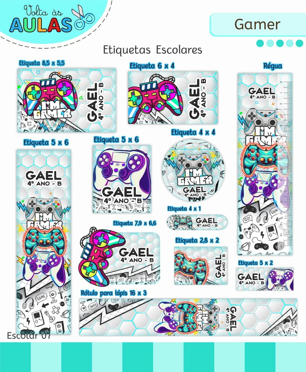 Kit Escolar Gamer para Sublimação e Scrapbooking 5 Conjunto de etiquetas escolares personalizadas com tema de videogame e controles coloridos.