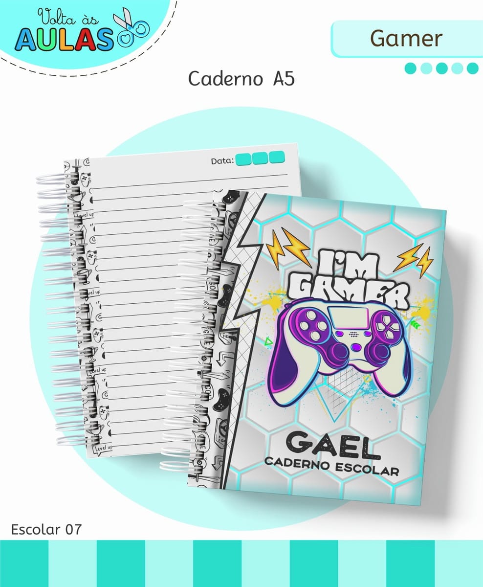 Kit Escolar Gamer para Sublimação e Scrapbooking 1 Caderno espiral tamanho A5 com estampa temática de jogos e controle de videogame colorido.