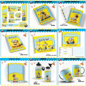 Arte digital de etiquetas, cadernos, agenda, squeeze e caneca com tema Minions.