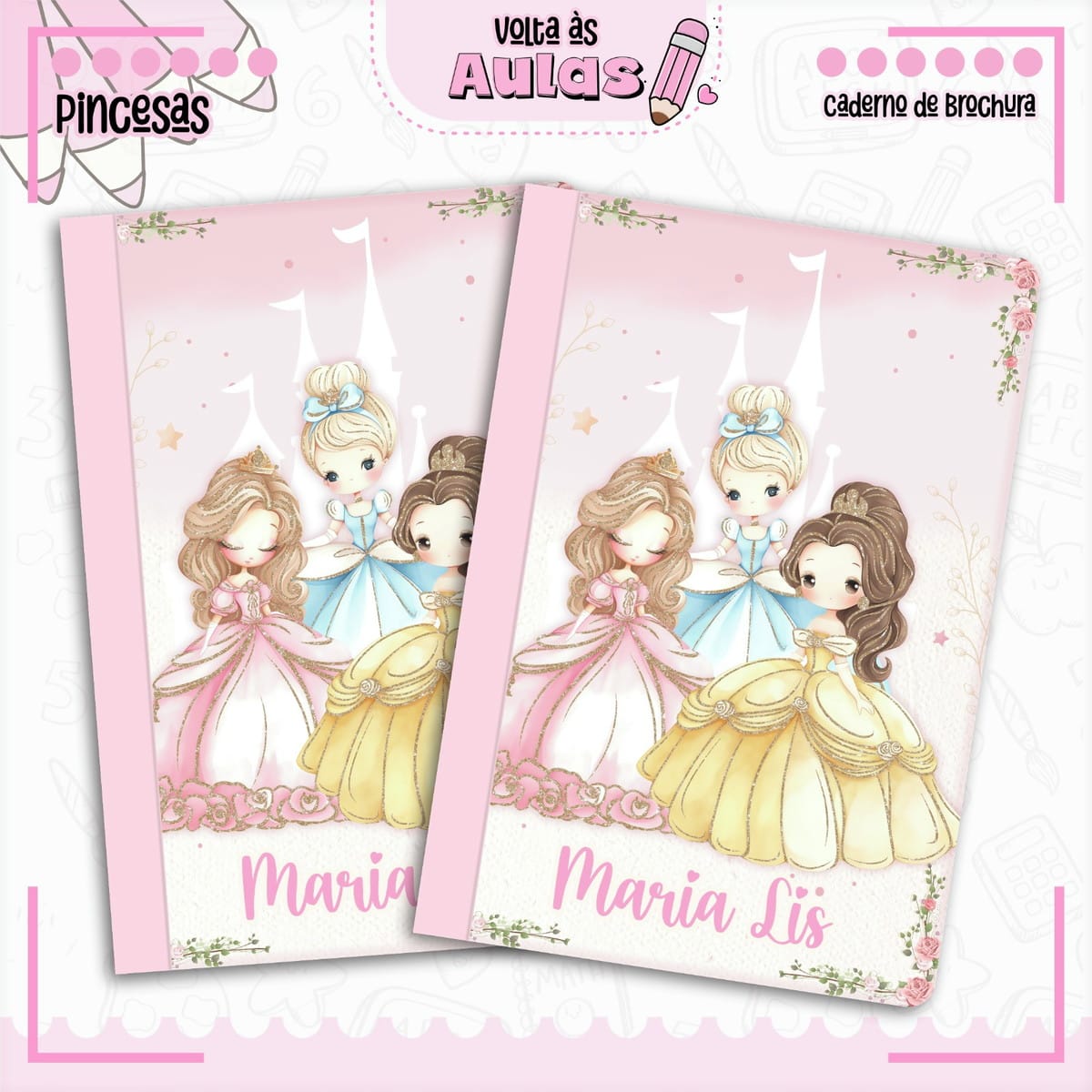 Kit Escolar Princesas para Encadernação Digital 2 Combo Escolar Princesas Arquivo Encadernacao 2
