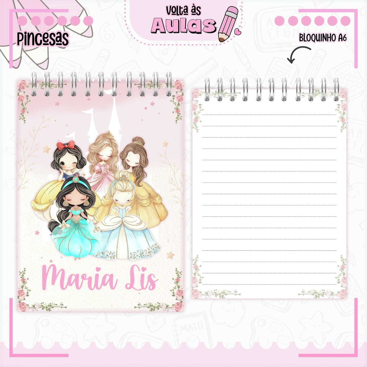 Kit Escolar Princesas para Encadernação Digital 3 Combo Escolar Princesas Arquivo Encadernacao 3