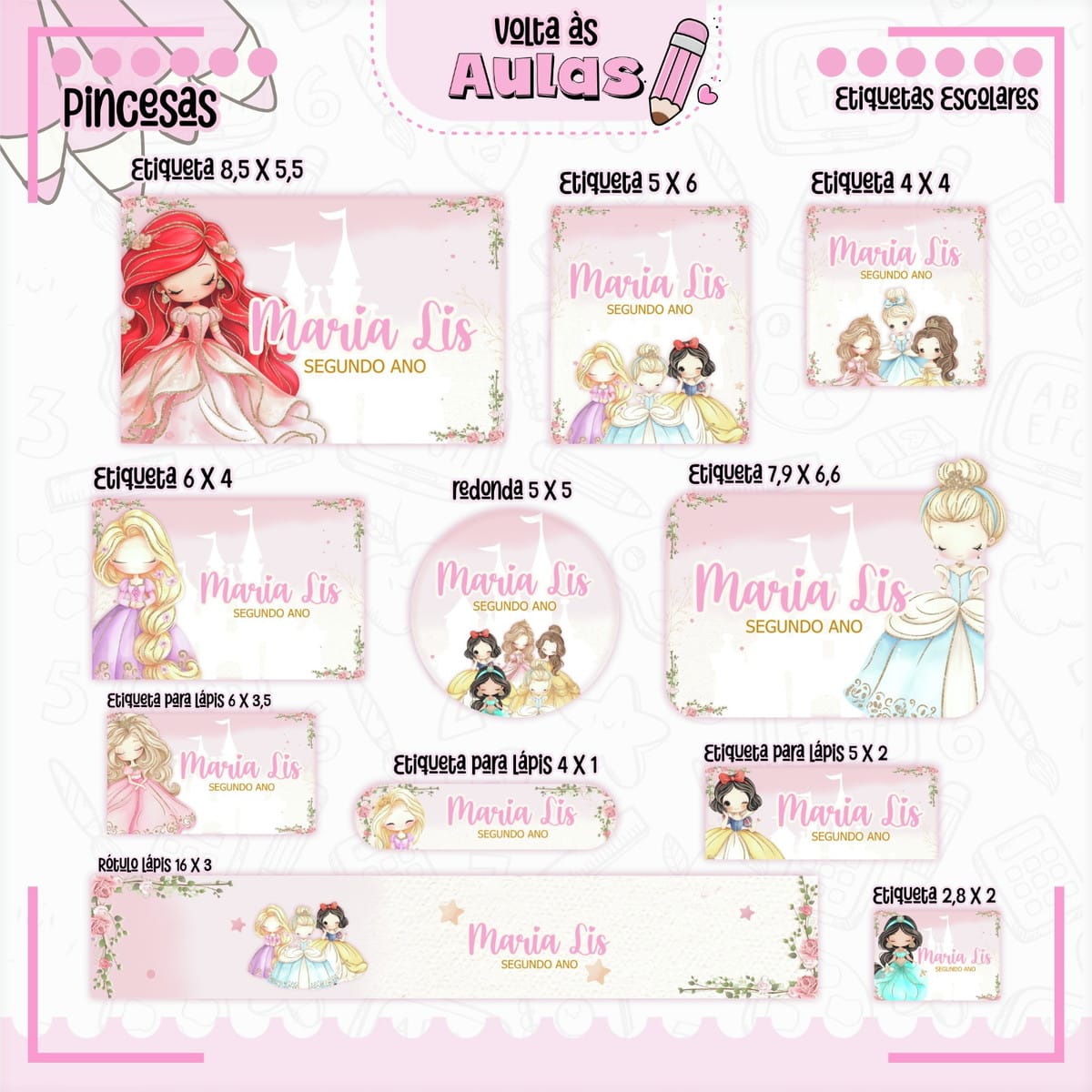 Kit Escolar Princesas para Encadernação Digital 4 Combo Escolar Princesas Arquivo Encadernacao 4