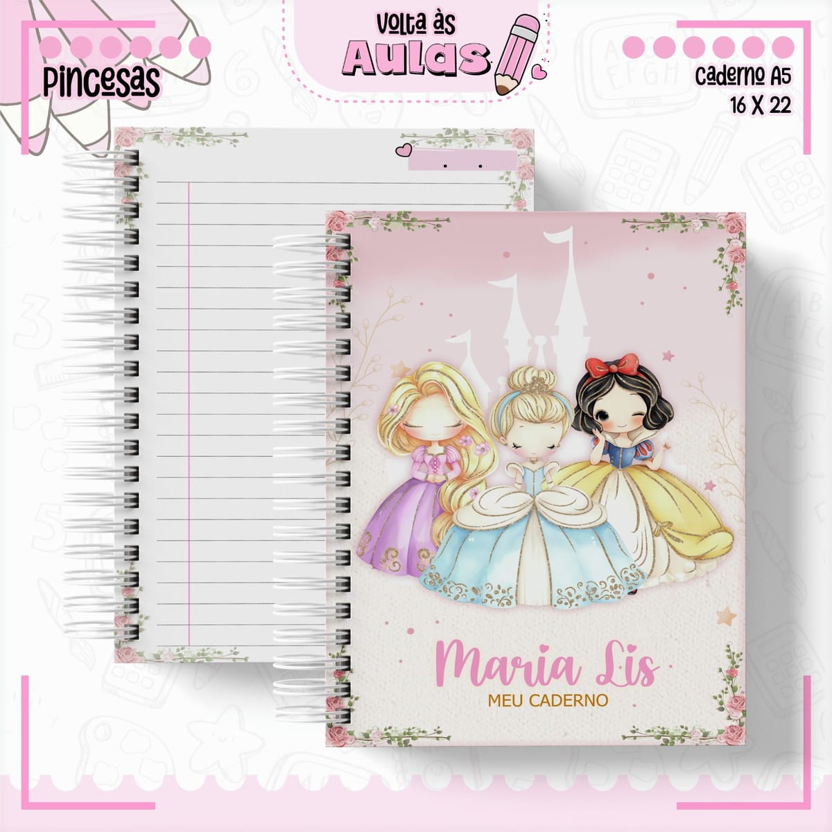 Kit Escolar Princesas para Encadernação Digital 5 Combo Escolar Princesas Arquivo Encadernacao 5