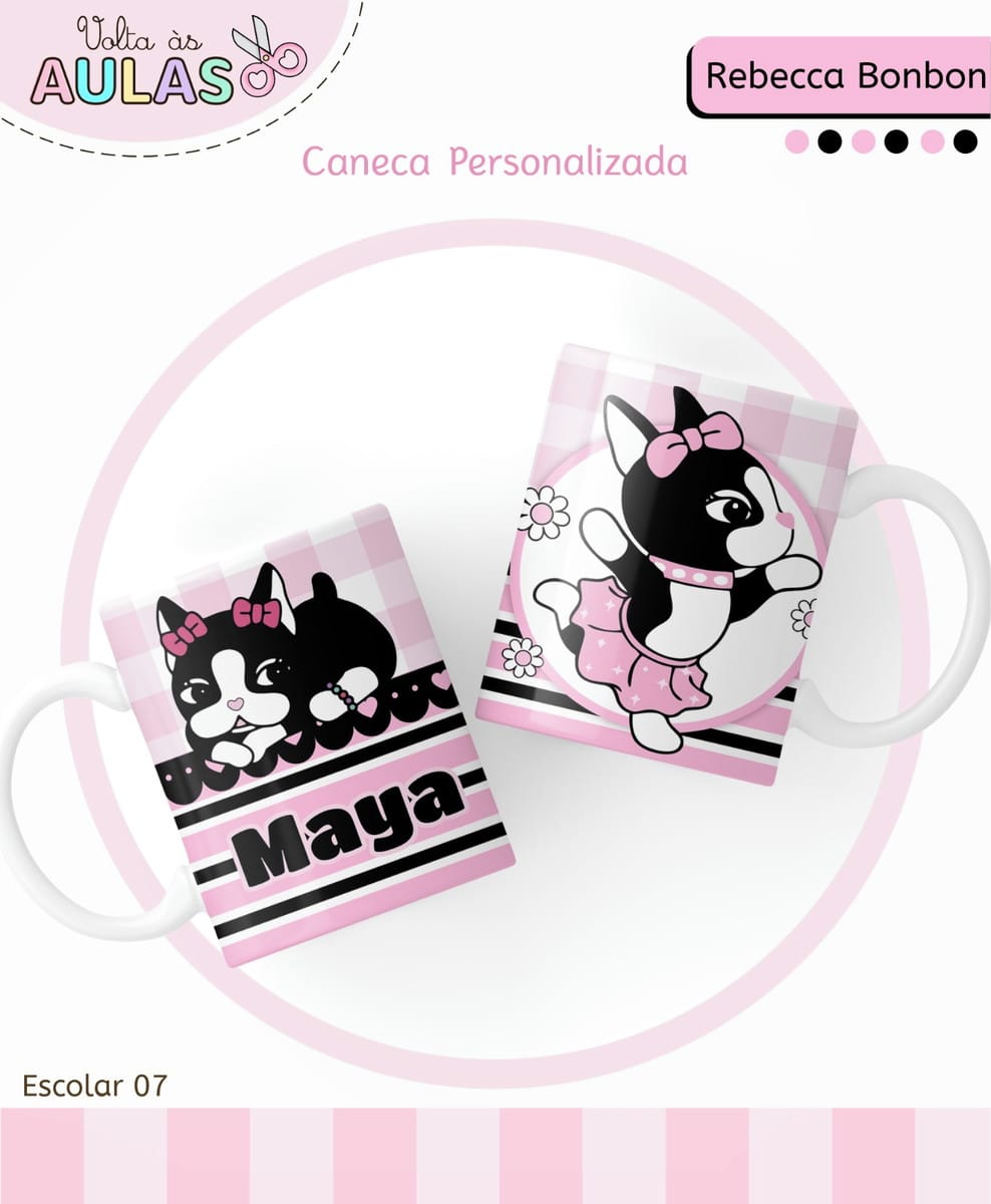 Kit Escolar Rebecca Bonbon Digital para Sublimação 2 Duas canecas personalizadas com estampa de gatinho preto em tons de rosa.