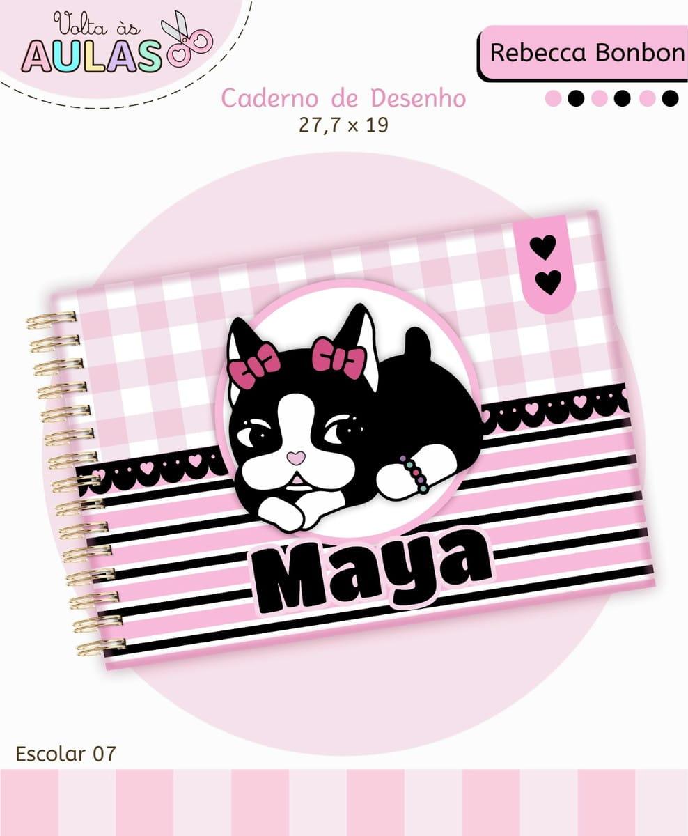 Kit Escolar Rebecca Bonbon Digital para Sublimação 3 Capa de caderno rosa e branca com ilustração de gatinha preta.