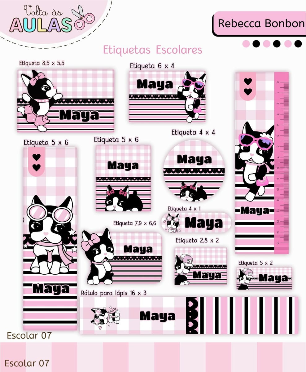 Kit Escolar Rebecca Bonbon Digital para Sublimação 4 Amostra digital de etiquetas escolares com tema de cachorrinho em tons de rosa.
