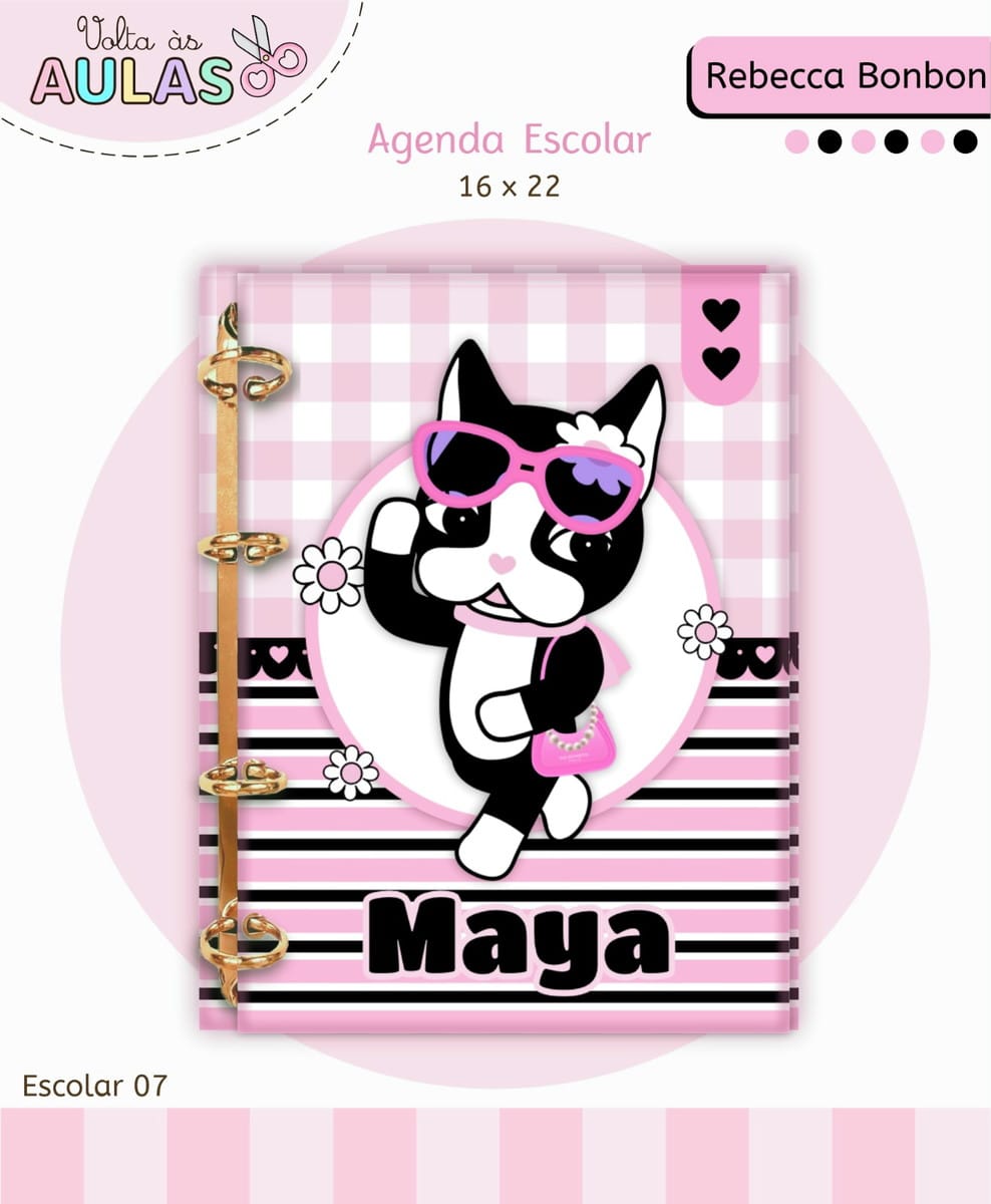 Kit Escolar Rebecca Bonbon Digital para Sublimação 5 Capa de agenda escolar rosa e branca com desenho de cachorro e argolas.