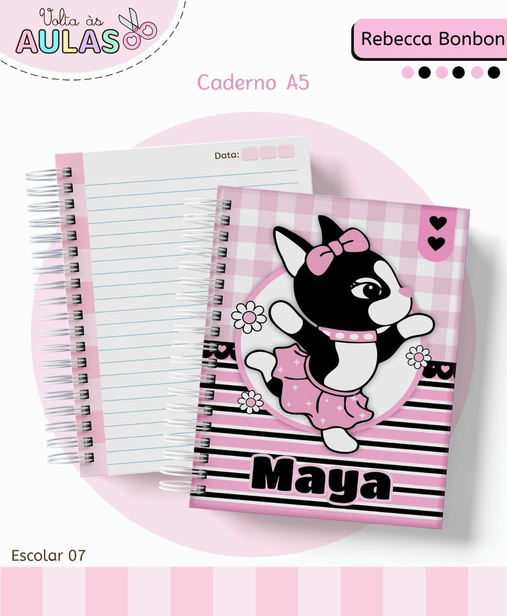 Kit Escolar Rebecca Bonbon Digital para Sublimação 1 Caderno espiral tamanho A5 com estampa rosa, preta e branca de gatinha