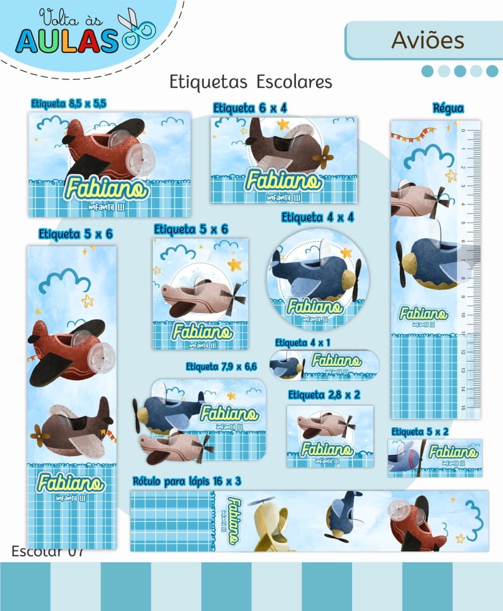 Kit Escolar Tema Aviões Arquivo Digital para Sublimação 3 Conjunto de etiquetas escolares com tema de aviões e nuvens em tons de azul