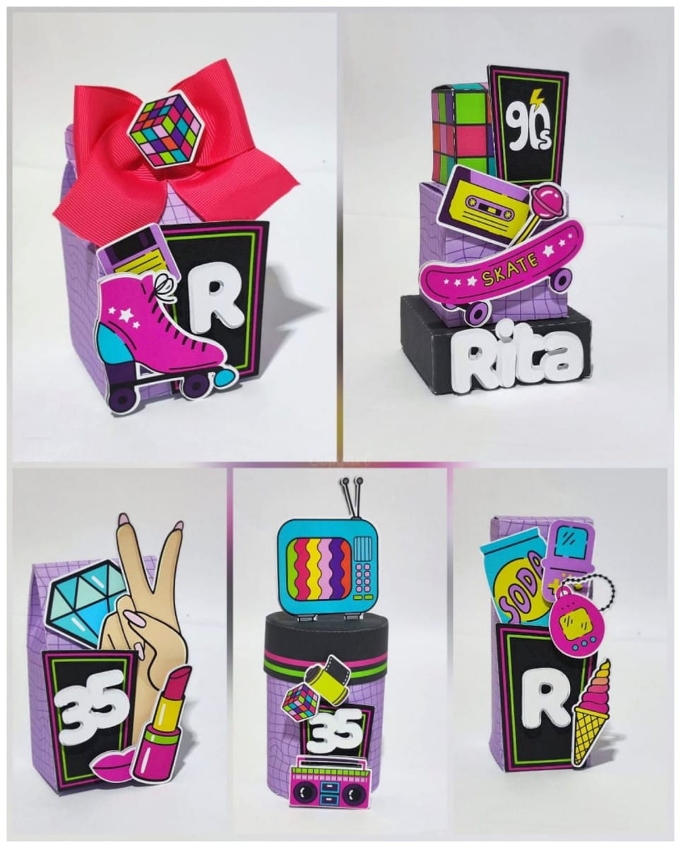 Kit Festa Anos 90 Arquivo Studio e PDF para Imprimir 1 Coleção de itens decorativos coloridos com tema retrô e estilo anos oitenta e noventa.