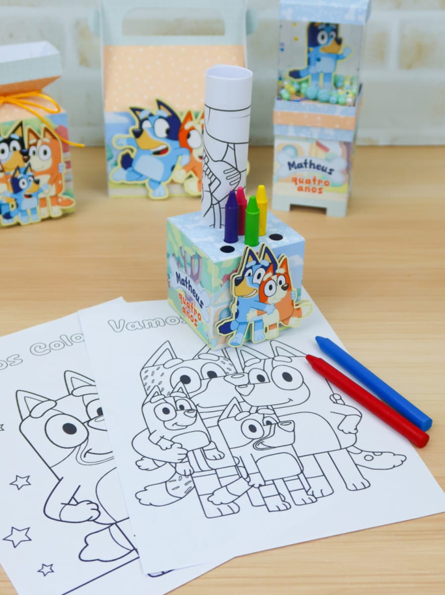 Kit Festa Bluey Arquivo Studio para Silhouette 2 Kit de festa com tema de desenhos animados e folhas para colorir.