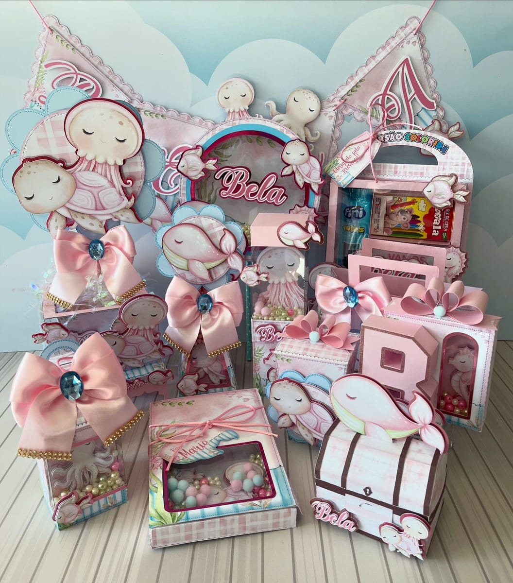 Kit Festa Fundo do Mar Rosa em Studio e PDF 1 Conjunto de arquivos digitais para caixas e decorações de festa tema fundo do mar.