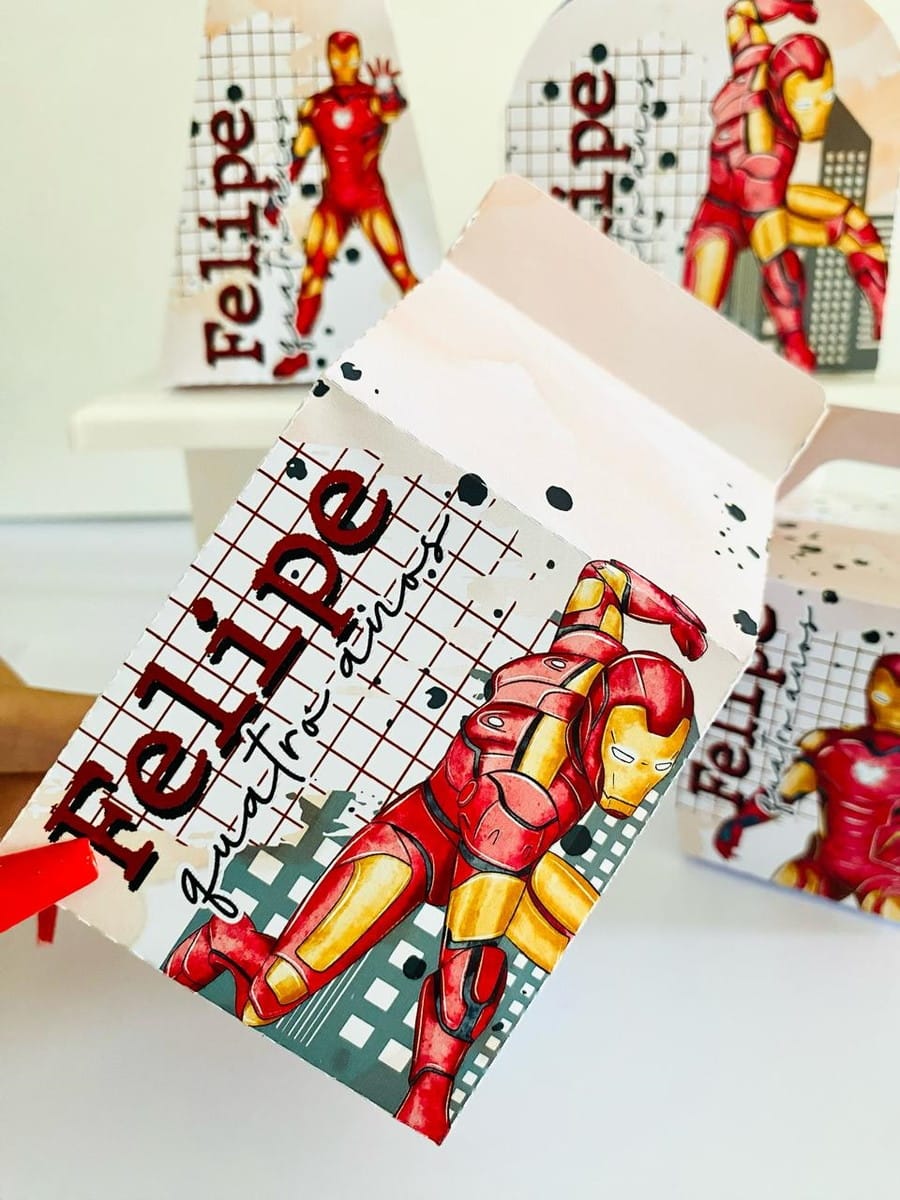 Kit Festa Homem de Ferro completo em Studio e PDF 2 Caixinhas personalizadas com tema de super-herói em armadura vermelha e dourada
