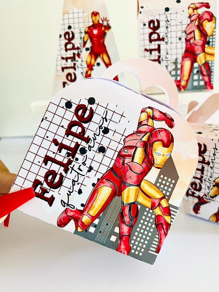 Kit Festa Homem de Ferro completo em Studio e PDF 3 Caixa personalizada de papel com tema de super-herói em tons de vermelho e amarelo