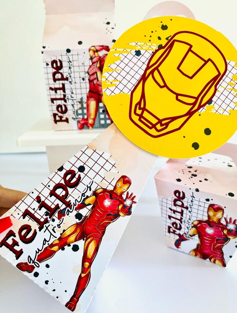 Kit Festa Homem de Ferro completo em Studio e PDF 1 Arte digital de festa com tema de super-herói vermelho e amarelo.