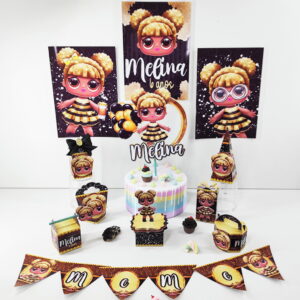 Decorações de festa com arte de boneca abelha em vários formatos.
