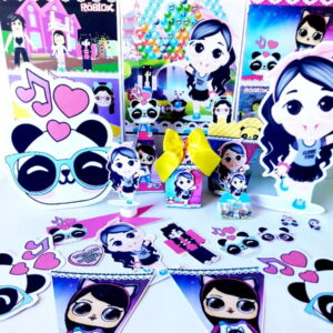Arte digital de festa temática com personagem feminina, pandas e notas musicais.