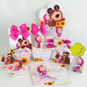 Designs de festa infantil com menina, urso, girassóis e laços rosa.