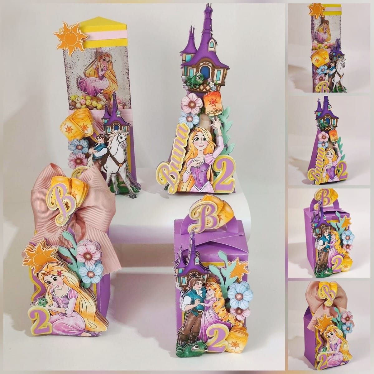 Kit Festa Rapunzel Digital com Studio e PDF para Imprimir 1 Conjunto de caixas decoradas com temas de contos de fadas para festas.