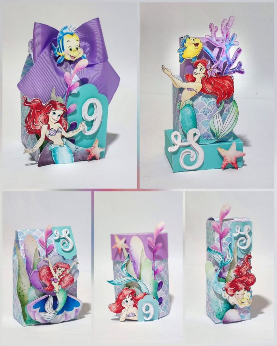 Kit Festa Sereia Ariel digital com arquivo Studio e PDF 1 Caixinhas decoradas com tema de sereia, sereias e peixinhos em papel.