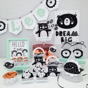 Kit Festa Só um bolinho Escandinavo Menino - Arquivo Digital 10 Kit de festa infantil com tema de animais em preto, branco e verde