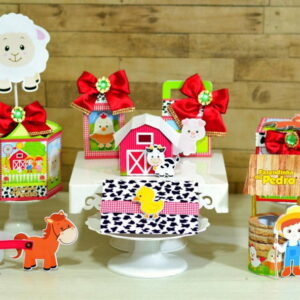Diversas caixas decoradas com tema fazenda, incluindo animais e personagens infantis.