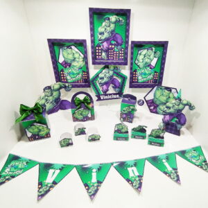 Decorações de festa impressas com arte digital de personagem musculoso verde.