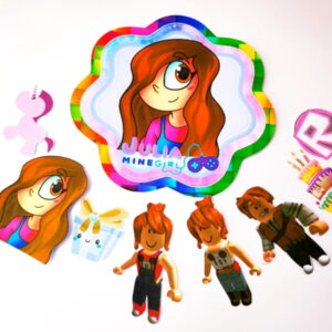 Conjunto de elementos gráficos digitais com personagem principal, texto e tema de jogo.