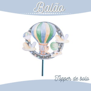 Arte digital de topper de bolo com balões coloridos e nuvens.